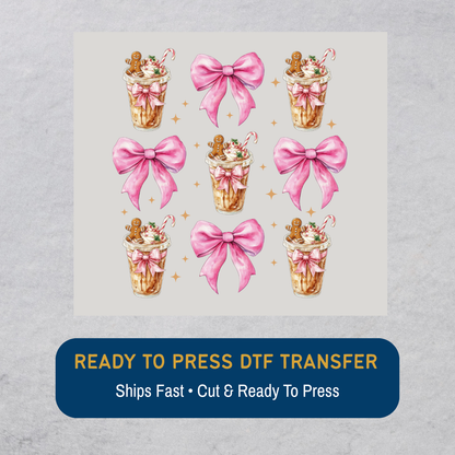 Coffee & Pink Bow Christmas Pattern DTF Transfer