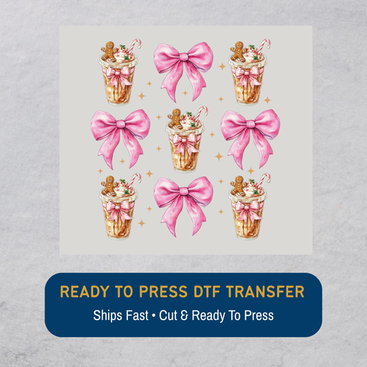 Coffee & Pink Bow Christmas Pattern DTF Transfer